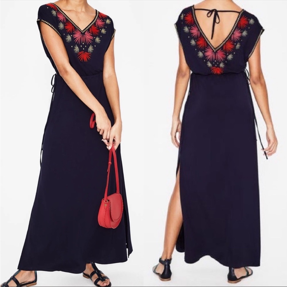 Boden Navy Maxi Dress with Red Embroidery